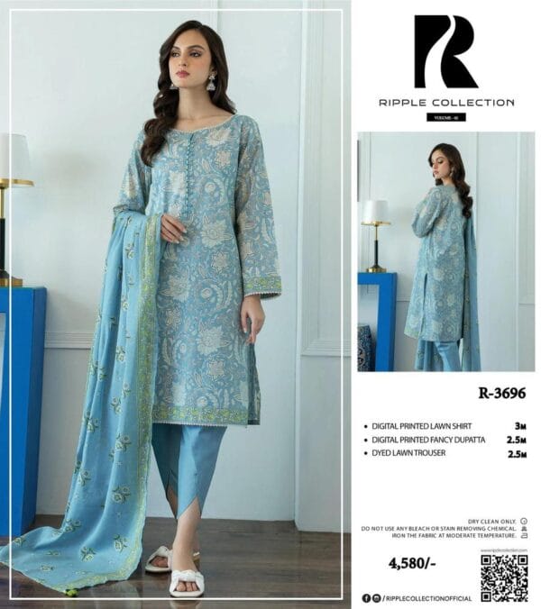 3 Pcs Women's Unstitched Lawn Printed Suit - Image 3