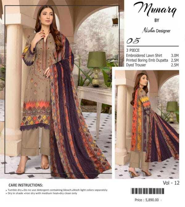 3 Pcs Women's Unstitched Lawn Embroidered Suit - Image 3