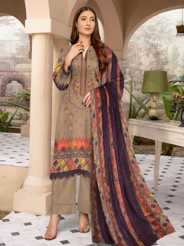 3 Pcs Women's Unstitched Lawn Embroidered Suit