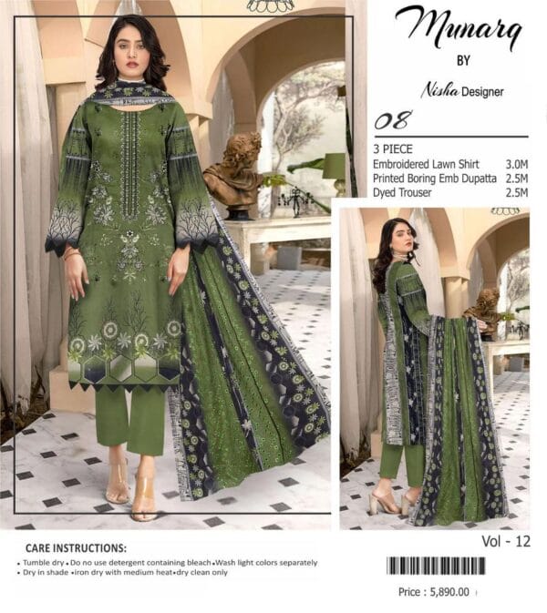 3 Pcs Women's Unstitched Lawn Embroidered Suit - Image 3