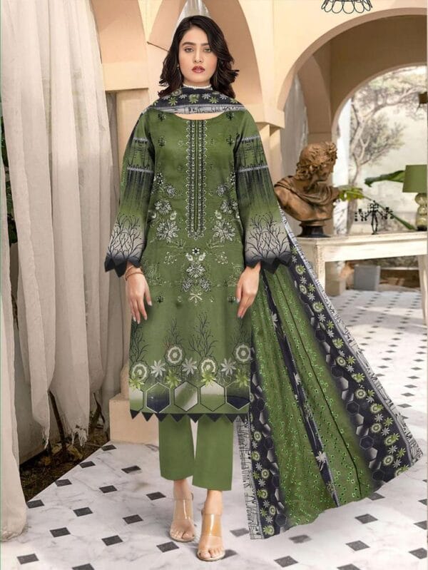 3 Pcs Women's Unstitched Lawn Embroidered Suit