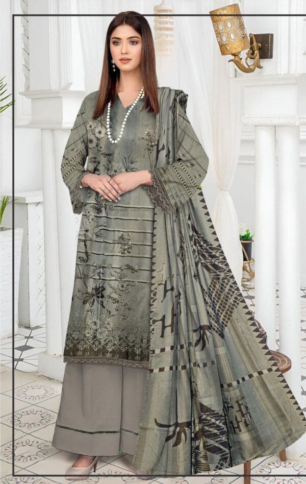 3 Pcs Grey Unstitched Embroidered Printed Suit