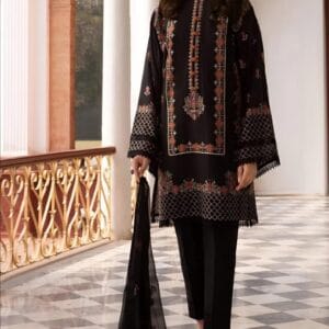 3 Pcs Women's Unstitched Black Embroidered Suit