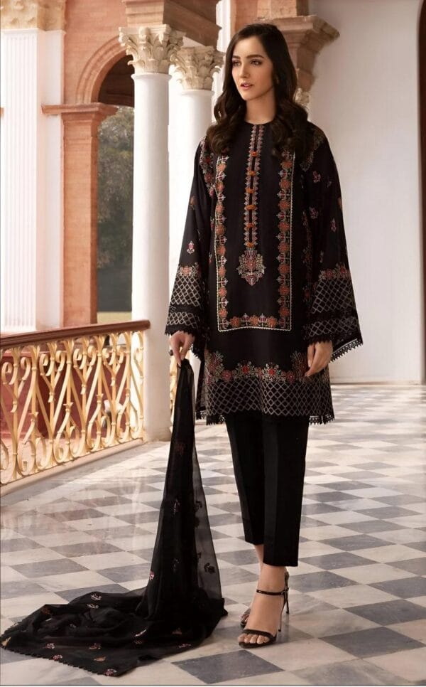 3 Pcs Women's Unstitched Black Embroidered Suit
