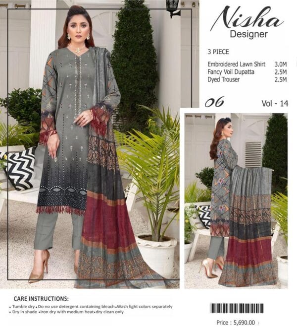 3 Pcs Silver Women's Unstitched Lawn Printed Suit - Image 3