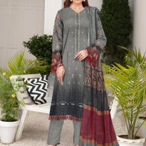 3 Pcs Silver Women's Unstitched Lawn Printed Suit