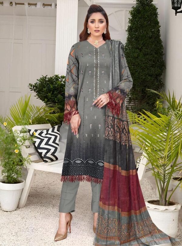 3 Pcs Silver Women's Unstitched Lawn Printed Suit