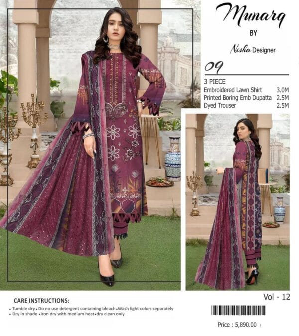 3 Pcs Women's Unstitched Lawn Embroidered Suit - Image 3