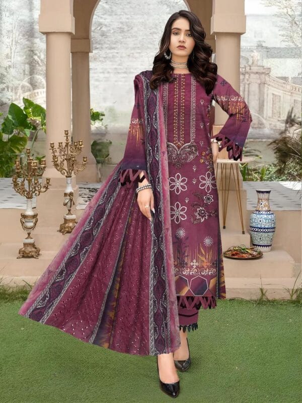 3 Pcs Women's Unstitched Lawn Embroidered Suit