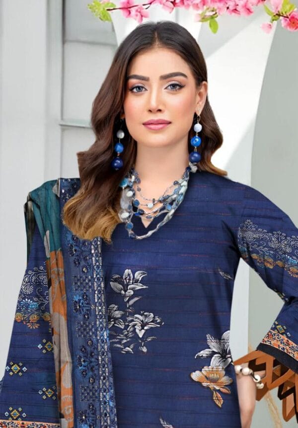 3 Pcs Women's Unstitched Blue Lawn Embroidered Suit - Image 2