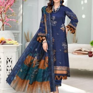 3 Pcs Women's Unstitched Blue Lawn Embroidered Suit