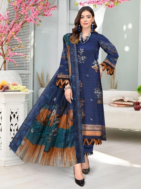 3 Pcs Women's Unstitched Blue Lawn Embroidered Suit