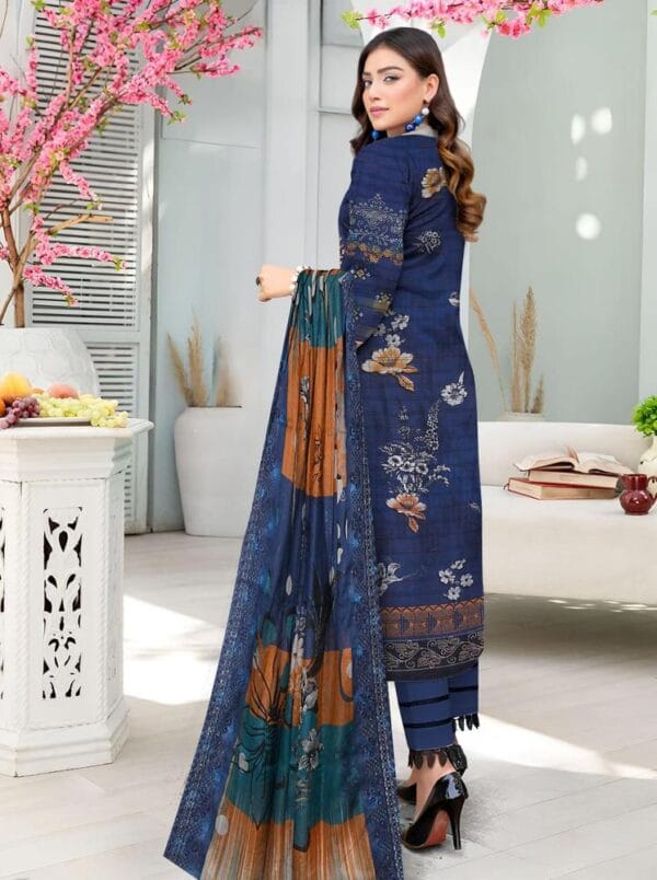 3 Pcs Women's Unstitched Blue Lawn Embroidered Suit - Image 3