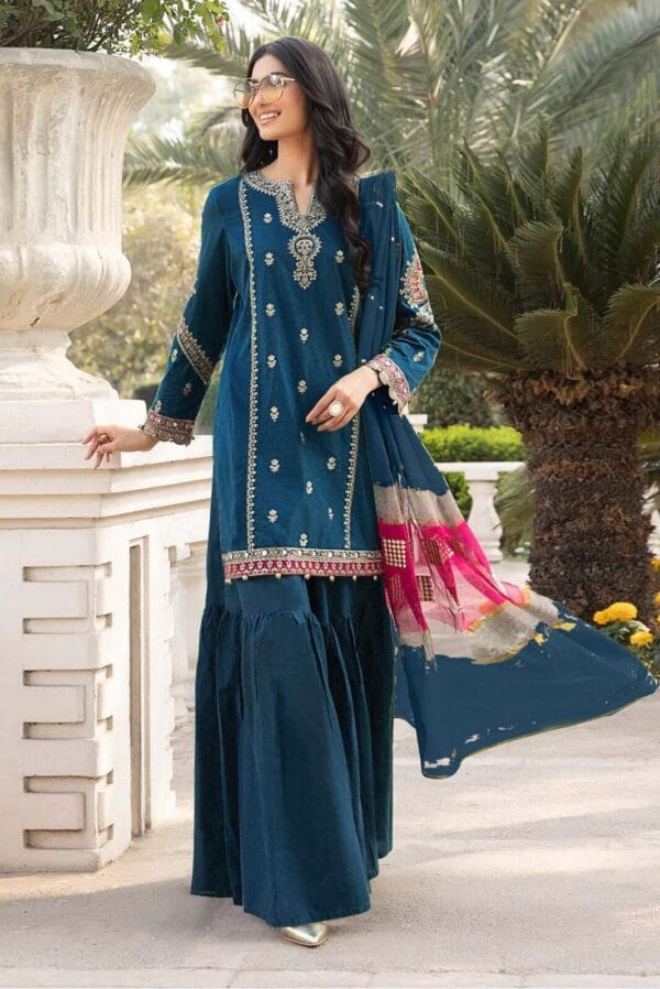 3 Pcs Women's Unstitched Embroidered Suit - Maroon & Blue - Image 4