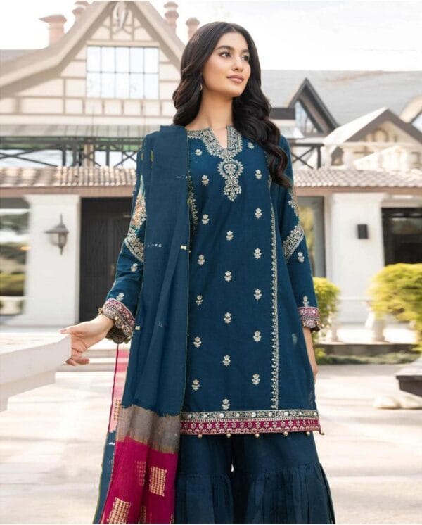 3 Pcs Women's Unstitched Embroidered Suit - Maroon & Blue - Image 3