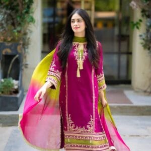 3-Pcs Women's Unstitched Embroidered Suit -(Magenta, Black)