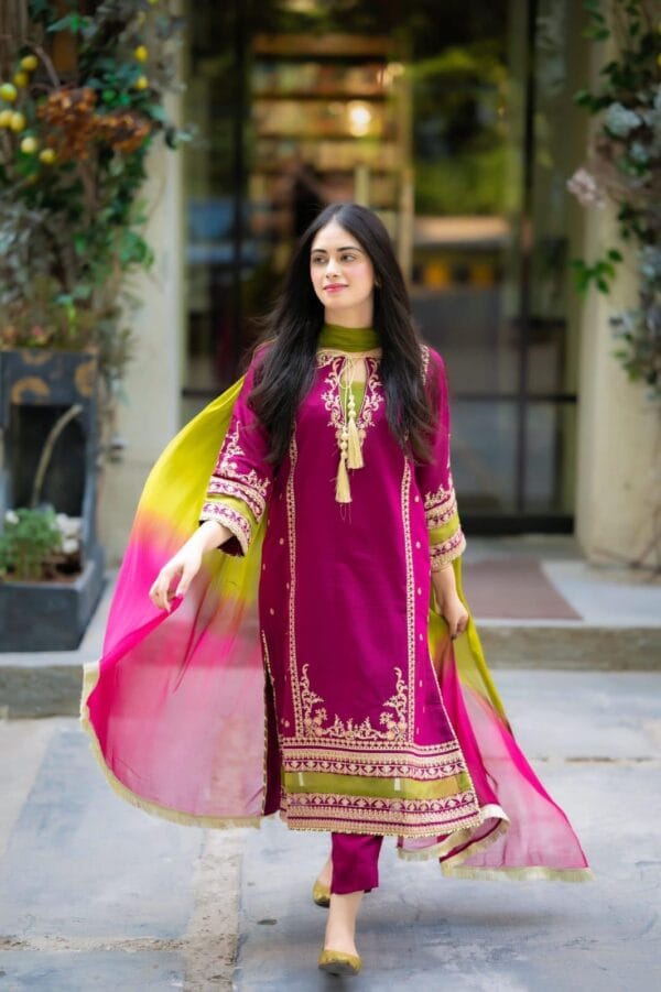 3-Pcs Women's Unstitched Embroidered Suit -(Magenta, Black)