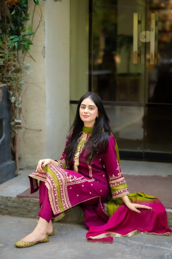 3-Pcs Women's Unstitched Embroidered Suit -(Magenta, Black) - Image 2