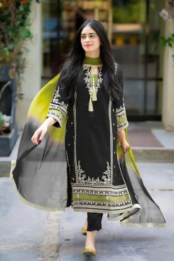 3-Pcs Women's Unstitched Embroidered Suit -(Magenta, Black) - Image 5
