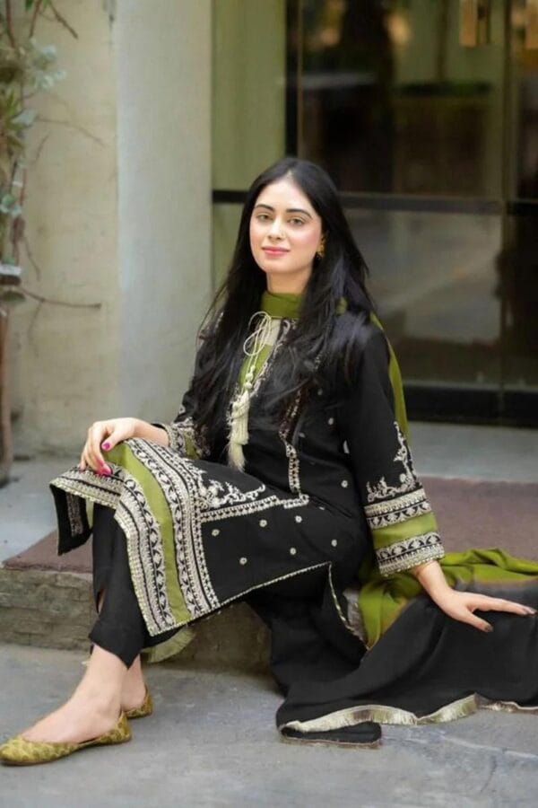 3-Pcs Women's Unstitched Embroidered Suit -(Magenta, Black) - Image 6