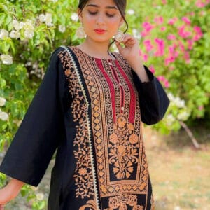 2 Pcs Women's Stitched Cotton Embroidered Black Suit