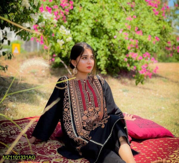 2 Pcs Women's Stitched Cotton Embroidered Black Suit - Image 2