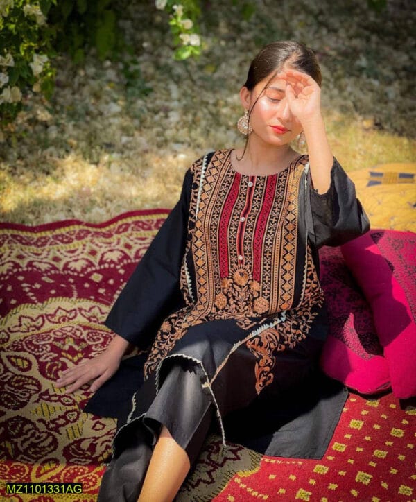 2 Pcs Women's Stitched Cotton Embroidered Black Suit - Image 3