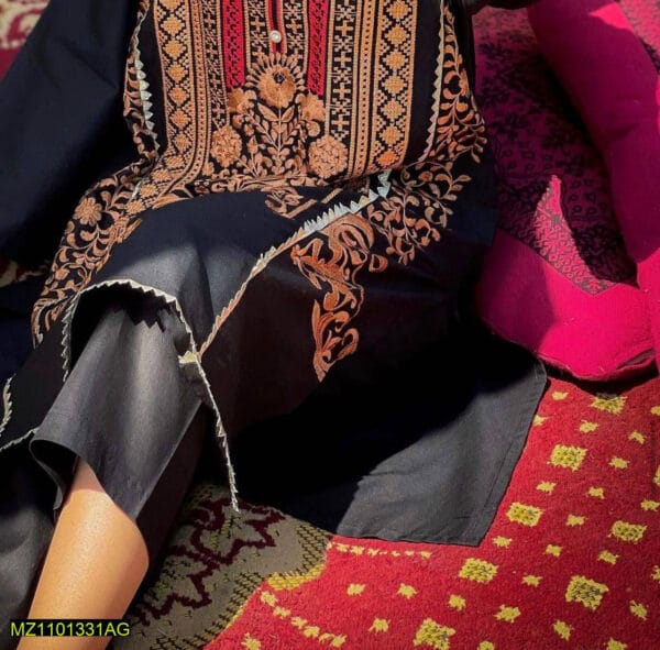 2 Pcs Women's Stitched Cotton Embroidered Black Suit - Image 4