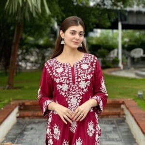 2 Pcs Women's Stitched Embroidered Cotton Suit – Maroon & Black