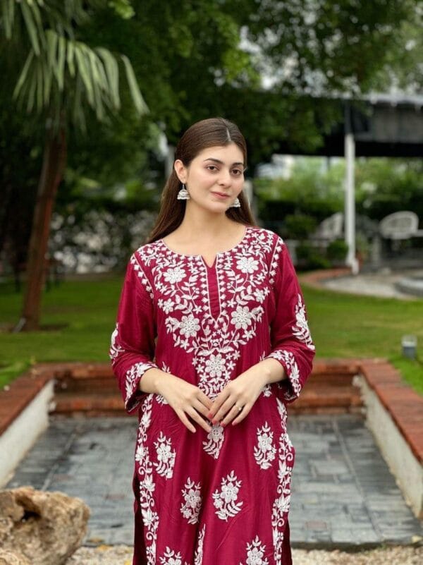 2 Pcs Women's Stitched Embroidered Cotton Suit – Maroon & Black