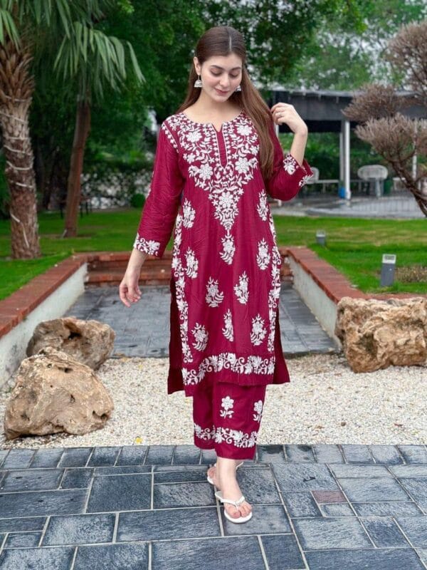 2 Pcs Women's Stitched Embroidered Cotton Suit – Maroon & Black - Image 2
