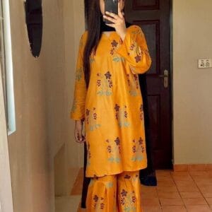 2 Pcs Women's Stitched Linen Printed Mustard Suit