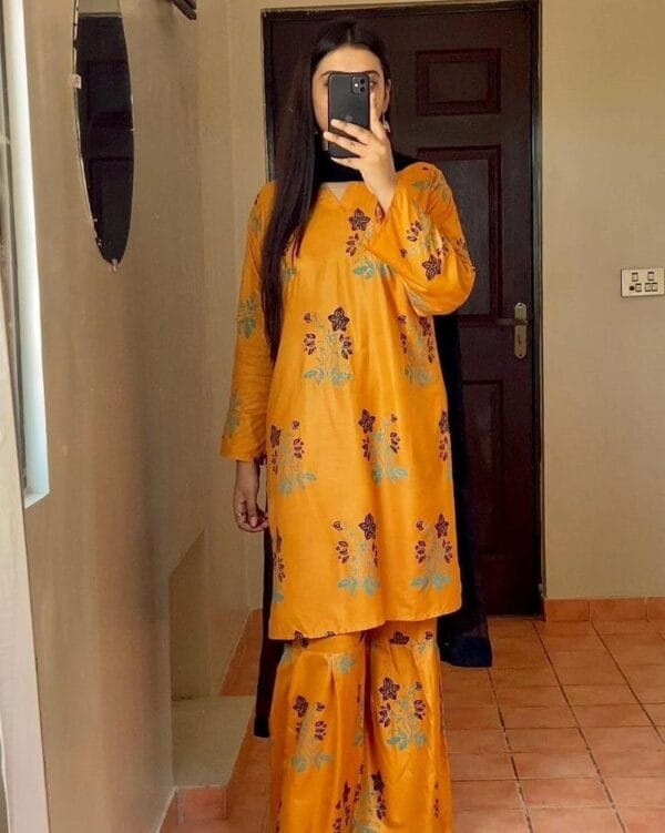 2 Pcs Women's Stitched Linen Printed Mustard Suit