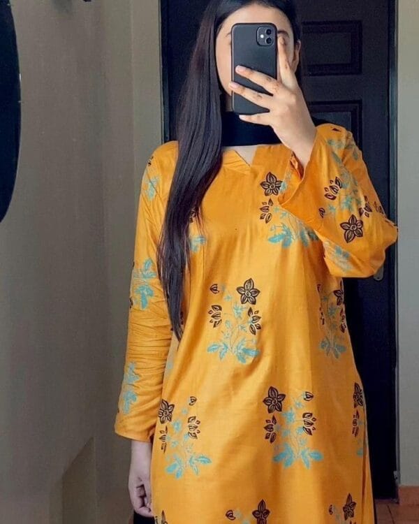 2 Pcs Women's Stitched Linen Printed Mustard Suit - Image 3