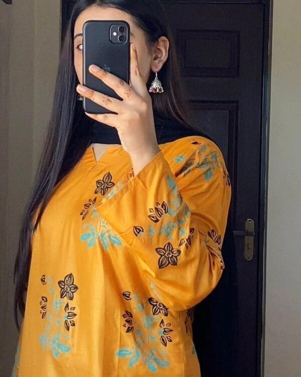 2 Pcs Women's Stitched Linen Printed Mustard Suit - Image 4
