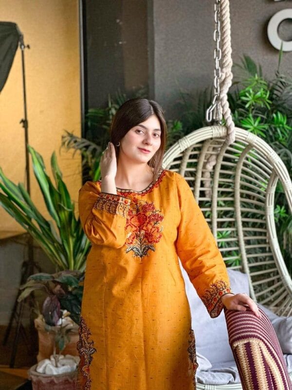 2 Pcs Women's Stitched Lawn Embroidered Mustard - Image 2