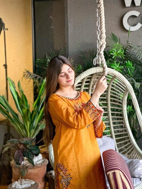 2 Pcs Women's Stitched Lawn Embroidered Mustard - Image 4