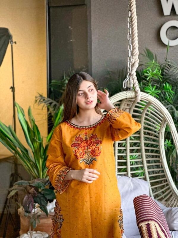 2 Pcs Women's Stitched Lawn Embroidered Mustard - Image 5