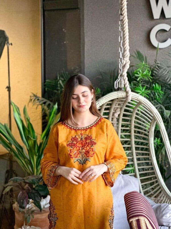 2 Pcs Women's Stitched Lawn Embroidered Mustard - Image 3
