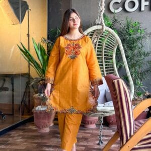 2 Pcs Women's Stitched Lawn Embroidered Mustard