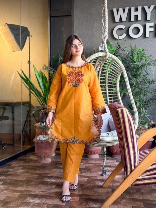 2 Pcs Women's Stitched Lawn Embroidered Mustard