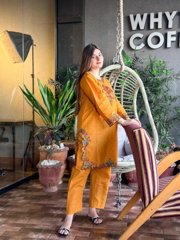 2 Pcs Women's Stitched Lawn Embroidered Mustard - Image 6