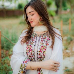 2 Pcs Women's Stitched Embroidered Linen Shirt and Trouser Set – White & Red