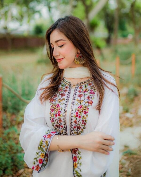 2 Pcs Women's Stitched Embroidered Linen Shirt and Trouser Set – White & Red