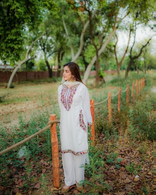 2 Pcs Women's Stitched Embroidered Linen Shirt and Trouser Set – White & Red - Image 3