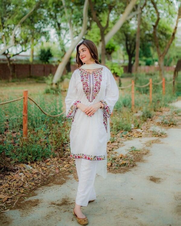 2 Pcs Women's Stitched Embroidered Linen Shirt and Trouser Set – White & Red - Image 2