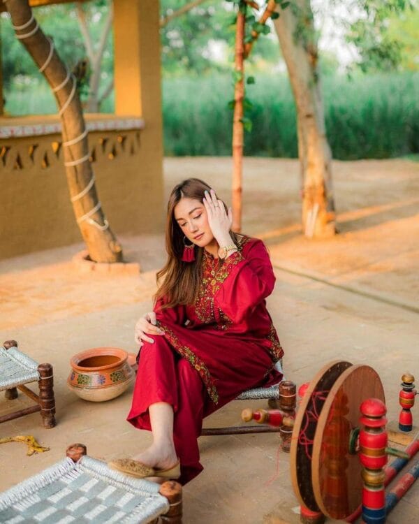 2 Pcs Women's Stitched Embroidered Linen Shirt and Trouser Set – White & Red - Image 6