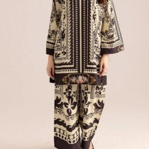2 Pcs Stylish Printed V-Neck Shirt and Plain Trouser Set