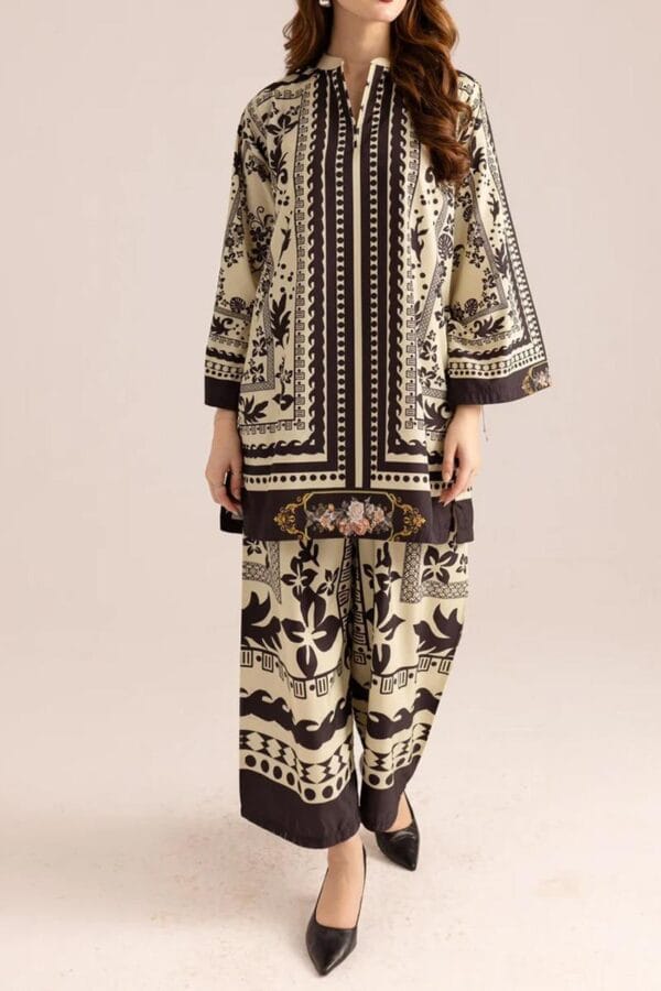 2 Pcs Stylish Printed V-Neck Shirt and Plain Trouser Set