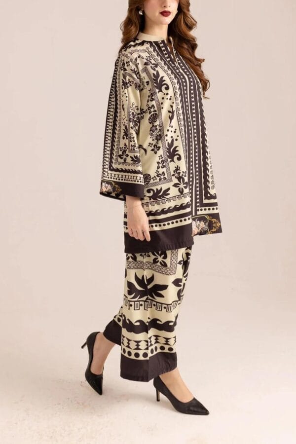 2 Pcs Stylish Printed V-Neck Shirt and Plain Trouser Set - Image 2